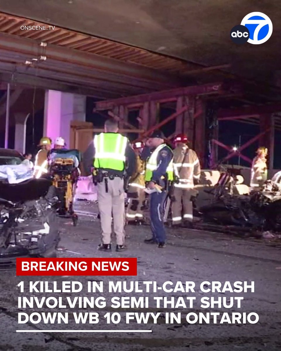 One person was killed in a multi-vehicle crash involving a semi-truck that forced the full closure of the westbound 10 Freeway in Ontario Thursday morning, authorities said.