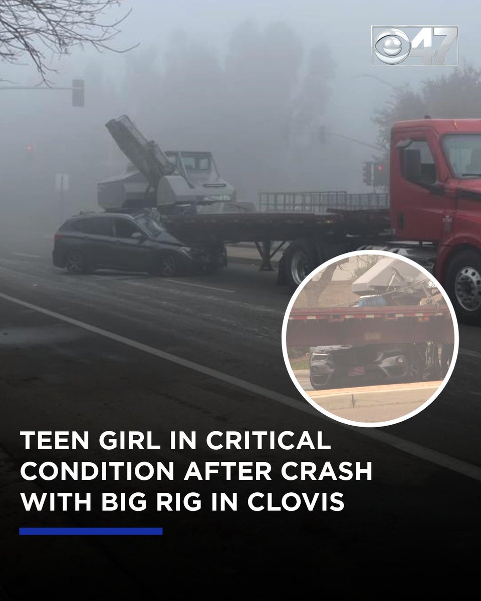 A teenage girl driving a BMW was left in critical condition after a crash into the back of a semi-truck transporting a crane in north Clovis on Friday