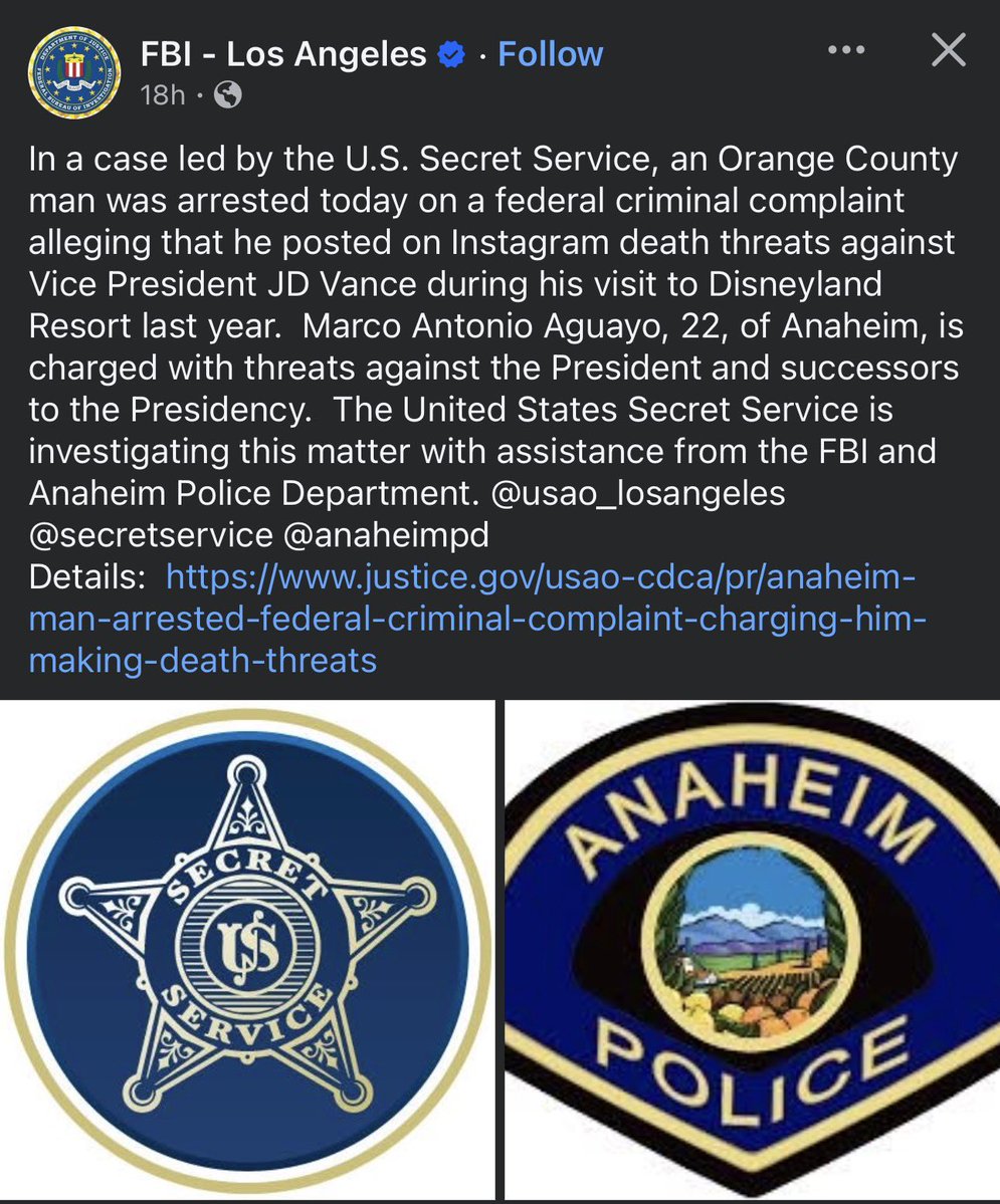Anaheim / California An Orange County man has been arrested and charged for threatening Vice President JD Vance during his trip to Disneyland last year. Marco Aguayo posted comments to Instagram indicating pipe bombs were placed inside Disneyland to harm the