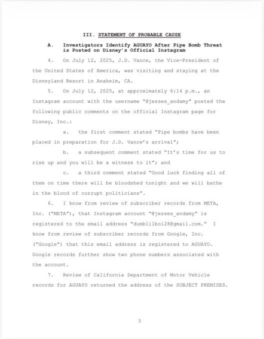 Anaheim / California An Orange County man has been arrested and charged for threatening Vice President JD Vance during his trip to Disneyland last year. Marco Aguayo posted comments to Instagram indicating pipe bombs were placed inside Disneyland to harm the