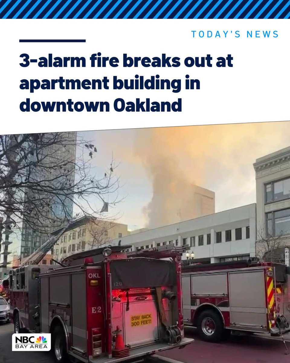 Four people, including a firefighter, were injured in a three-alarm fire that swept through an apartment building in downtown Oakland Monday morning: