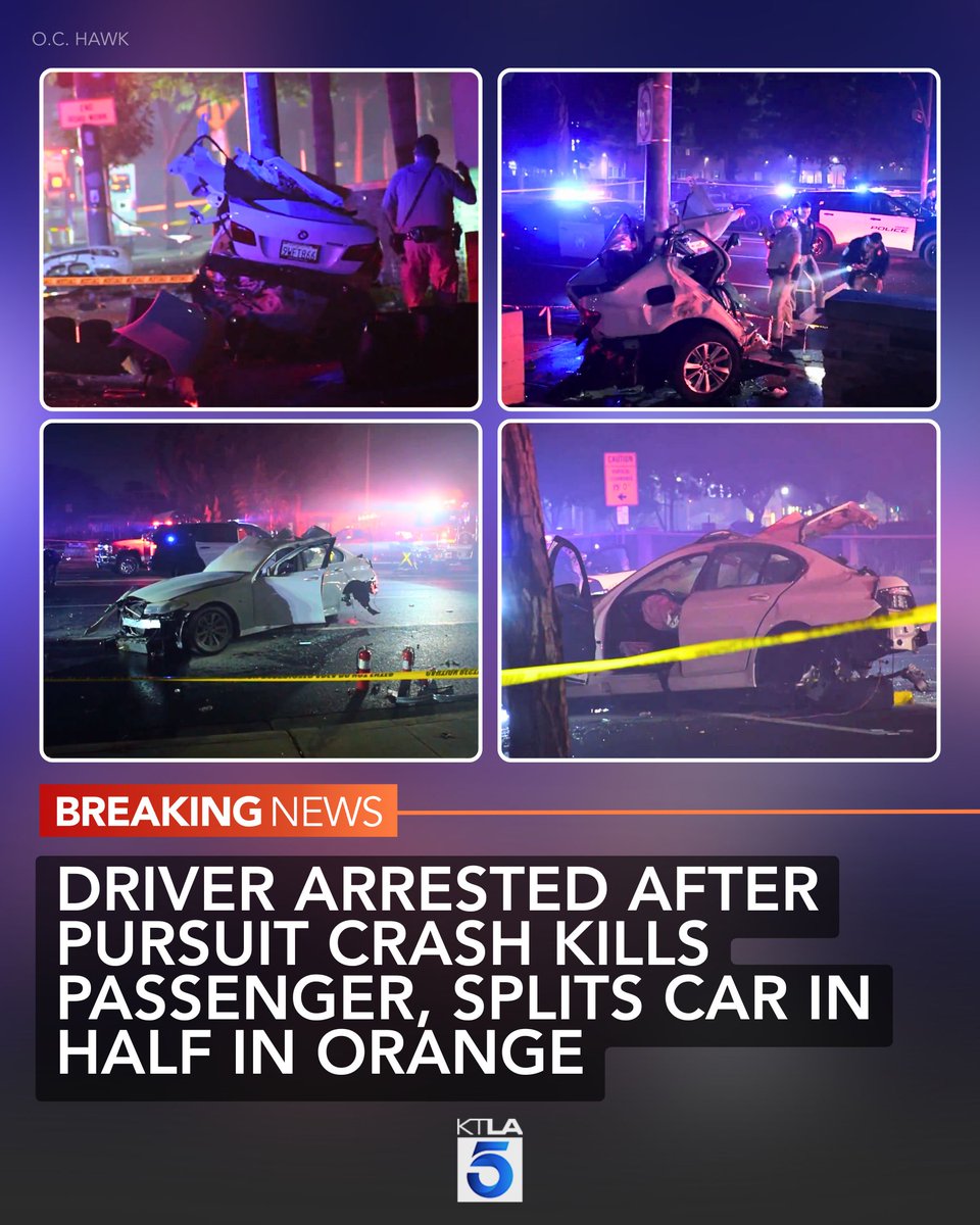 A woman was killed and a driver was arrested after a vehicle fleeing from law enforcement crashed in Orange and was split in half early Friday morning, officials say