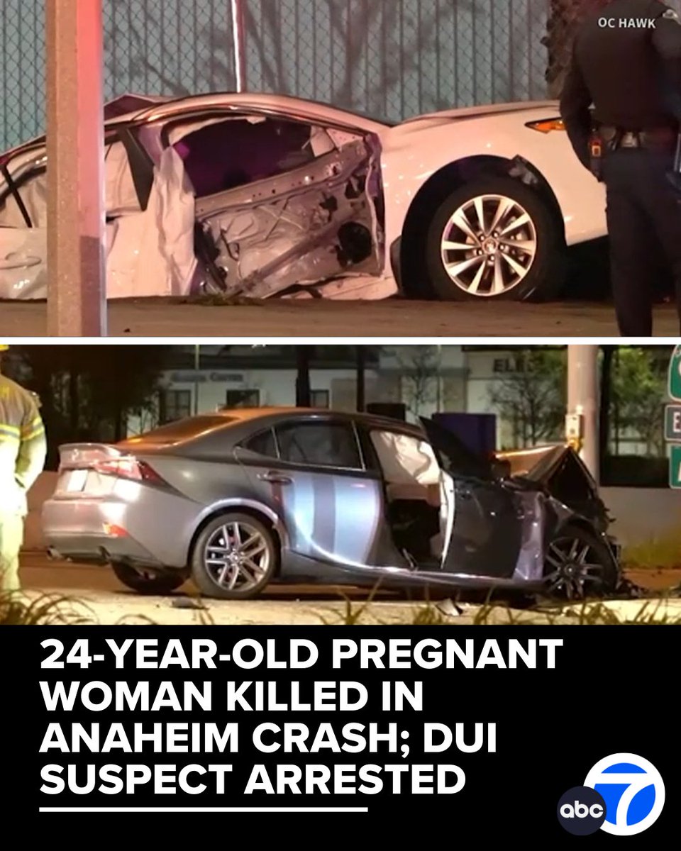 A 24-year-old pregnant woman was killed in a crash allegedly caused by a suspected DUI driver who ran a red light in Anaheim, police say. The driver was arrested and booked on suspicion of felony DUI and vehicular manslaughter
