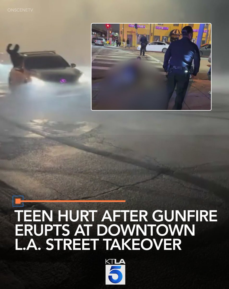 A teenager was rushed to a hospital after gunfire erupted during a street takeover in downtown Los Angeles overnight