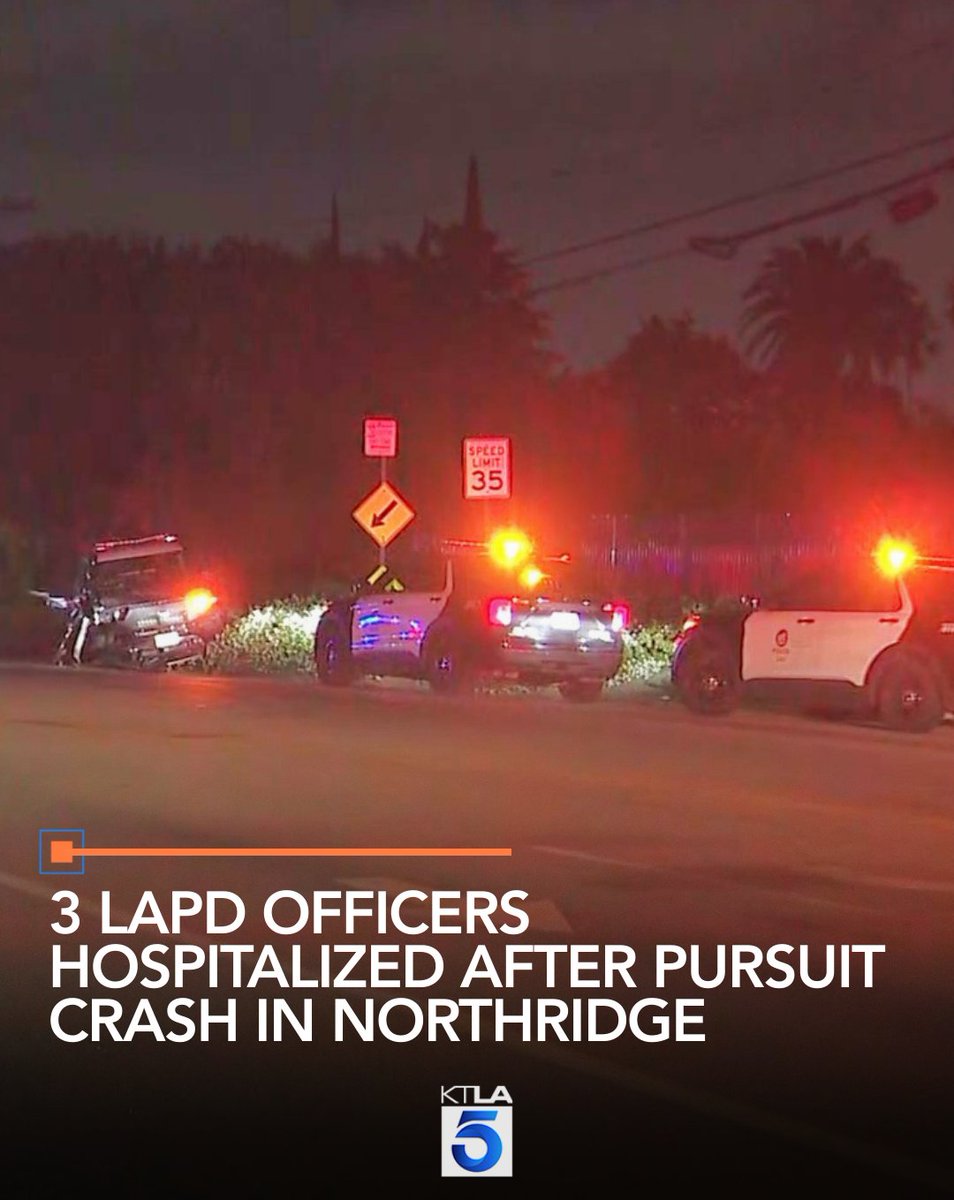 Three Los Angeles Police Department officers were hospitalized after a pursuit crash in Northridge