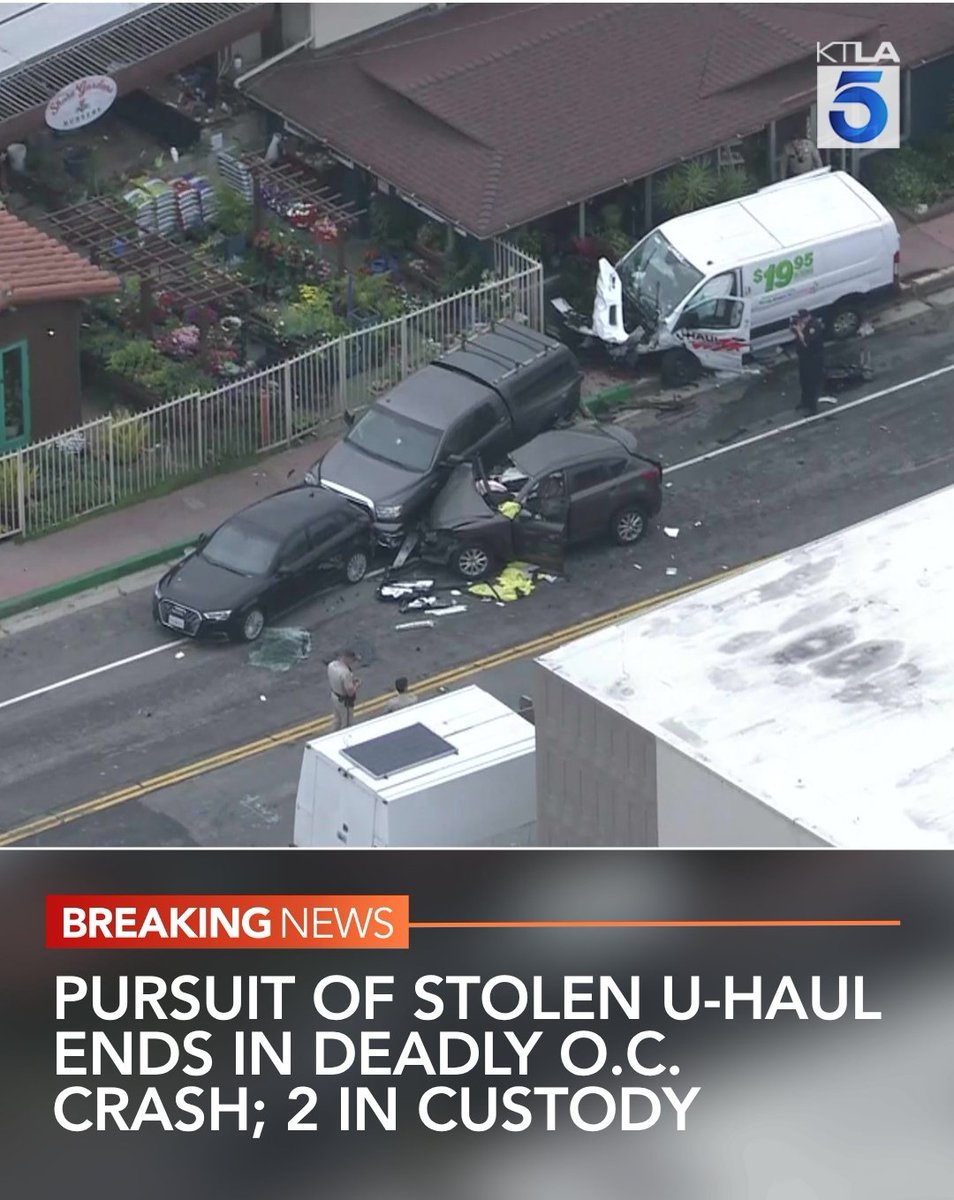 Two suspects are in custody following a pursuit of a stolen U-Haul that ended in a crash, killing at least one person in San Clemente on Monday