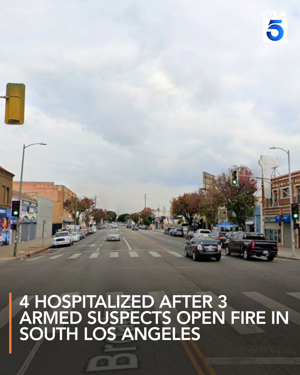 Four people were hospitalized after three armed suspects opened fire in a busy South L.A. neighborhood.