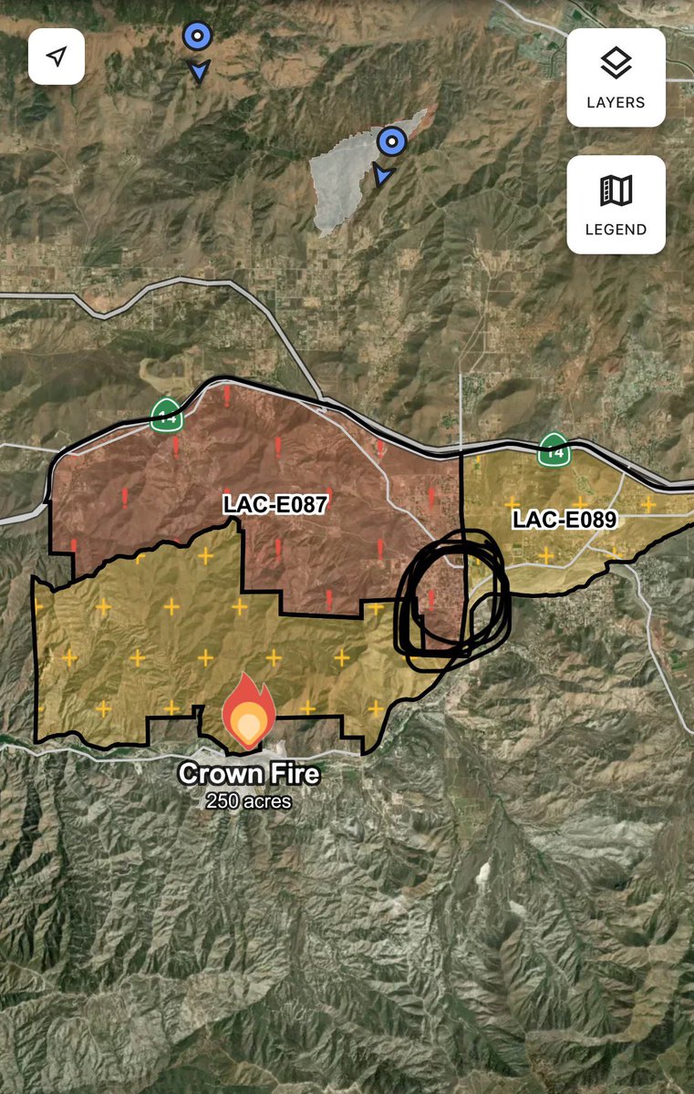 The CrownFire is now at 250 acres with a potential for 600 acres. Very powerful winds in the area.Heres the evacuation map. Acton is circled in black just to get an idea. Still no acknowledgment from the 2 air tankers that were requested so there still waiting on that.