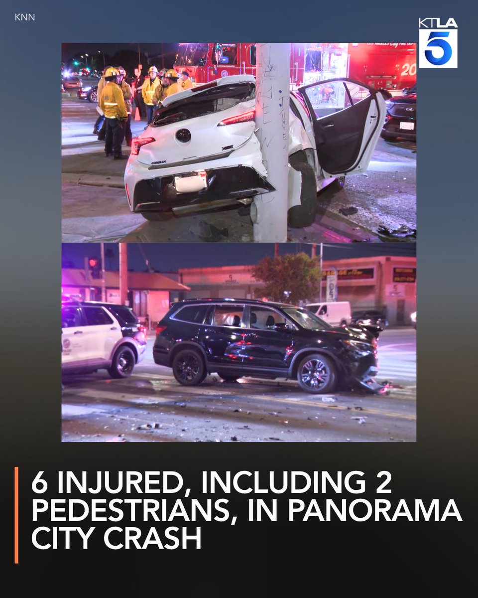 Six people, including two pedestrians, were injured after two vehicles crashed at an intersection in Panorama City.