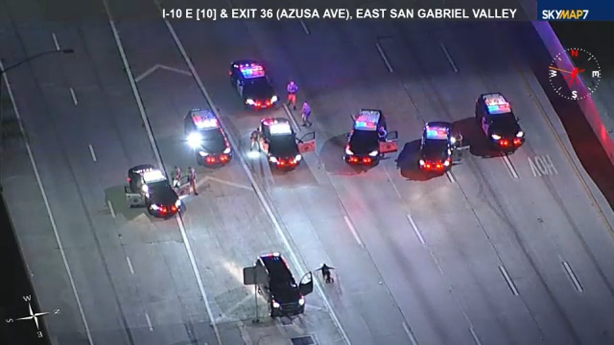 Suspect in custody following the end of the chase. Several eastbound lanes of the 10 Freeway are shut down.  Suspect stops near Azusa Avenue, steps out of the vehicle and surrenders