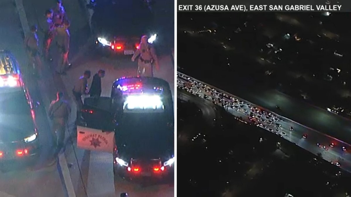 Suspect in custody following the end of the chase. Several eastbound lanes of the 10 Freeway are shut down.  Suspect stops near Azusa Avenue, steps out of the vehicle and surrenders