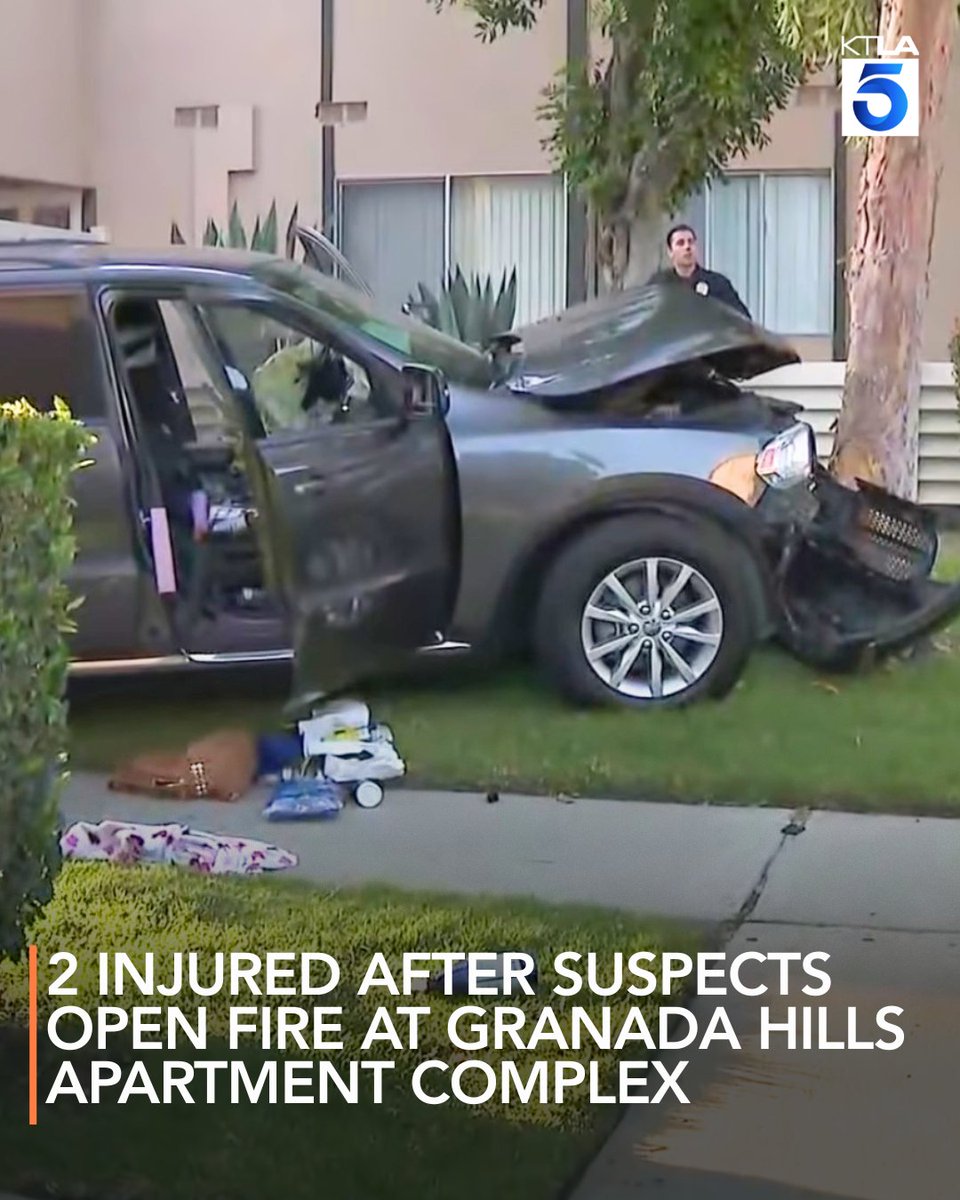 Two people were injured, one critically, after a group of suspects opened fire at an apartment complex in Granada Hills.