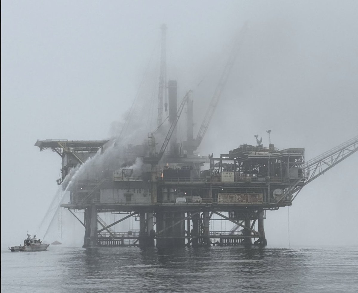 The U.S. Coast Guard photos show the intense situation off the coast of Carpinteria where Platform Habitat had a fire after 7 a.m. Santa Barbara Harbor Patrol fired shots of water to suppress the fire and cool the area for a response team. 26 evacuated. 2 injuries reported