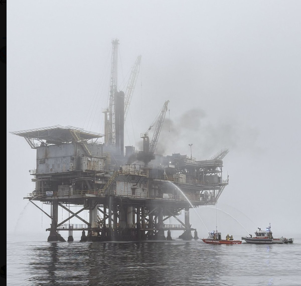 The U.S. Coast Guard photos show the intense situation off the coast of Carpinteria where Platform Habitat had a fire after 7 a.m. Santa Barbara Harbor Patrol fired shots of water to suppress the fire and cool the area for a response team. 26 evacuated. 2 injuries reported