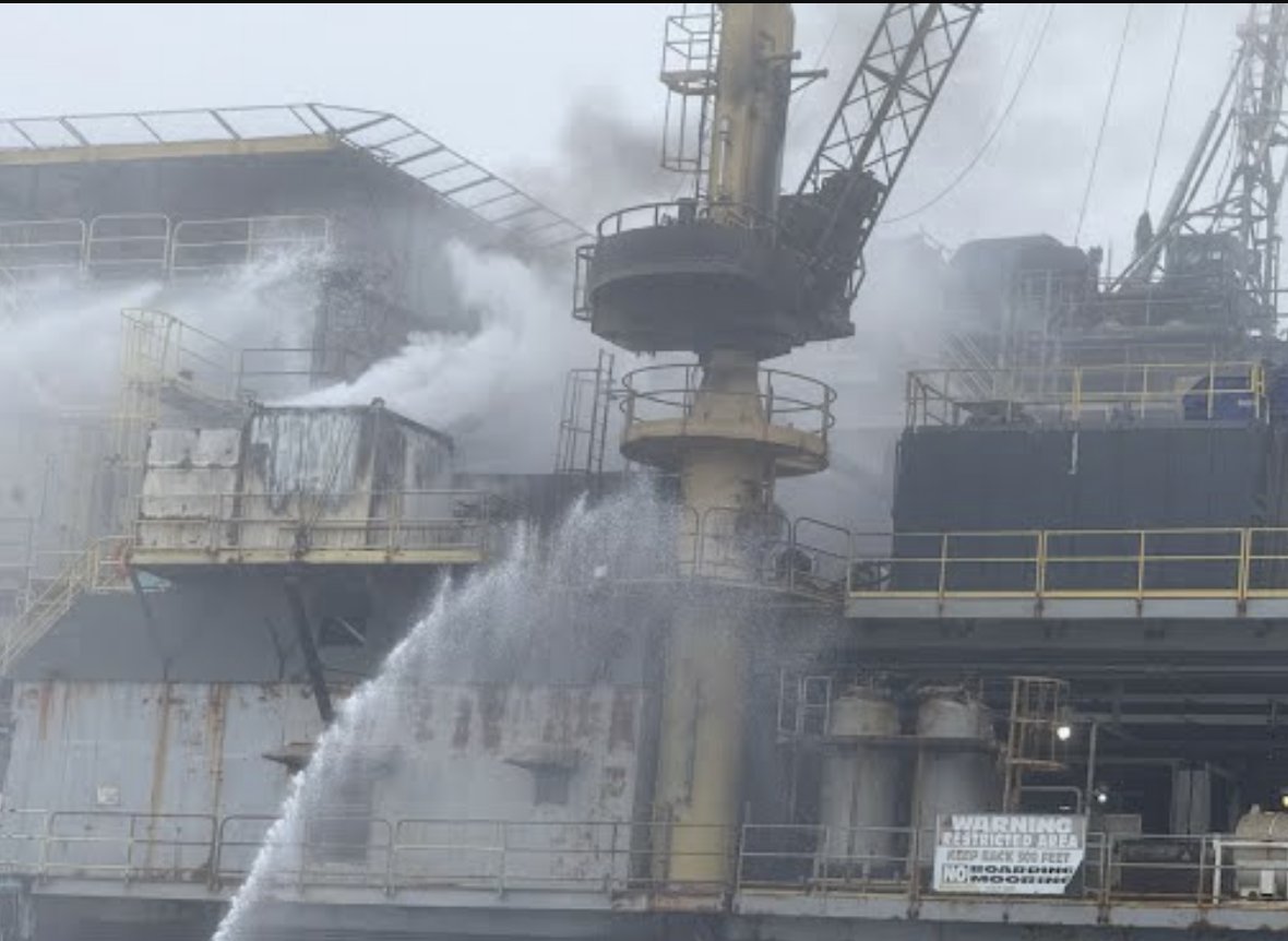 The U.S. Coast Guard photos show the intense situation off the coast of Carpinteria where Platform Habitat had a fire after 7 a.m. Santa Barbara Harbor Patrol fired shots of water to suppress the fire and cool the area for a response team. 26 evacuated. 2 injuries reported