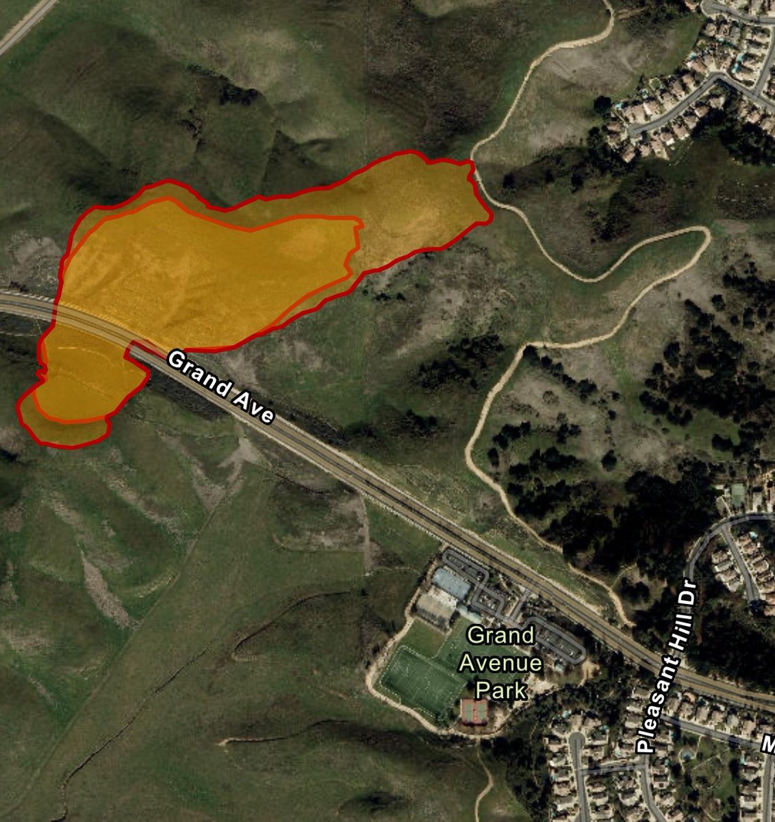 GrandFire The Fire was last Mapped at 29 acres at 7:58 PM, Progression was stopped on the South side of Grand Avenue. LACoFD Helitanker 55 remains overhead, to Clear things up with Rotor Wing only 3 Helicopters can fly without a Helco should have Forward Progress stopped soon. 