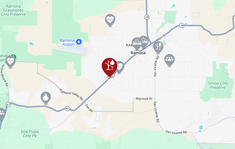 @CALFIRESANDIEGO is at scene of a vegetation fire near Main St and Etcheverry St in the community of Ramona. The fire is currently one acre burning in grass. Main2Fire