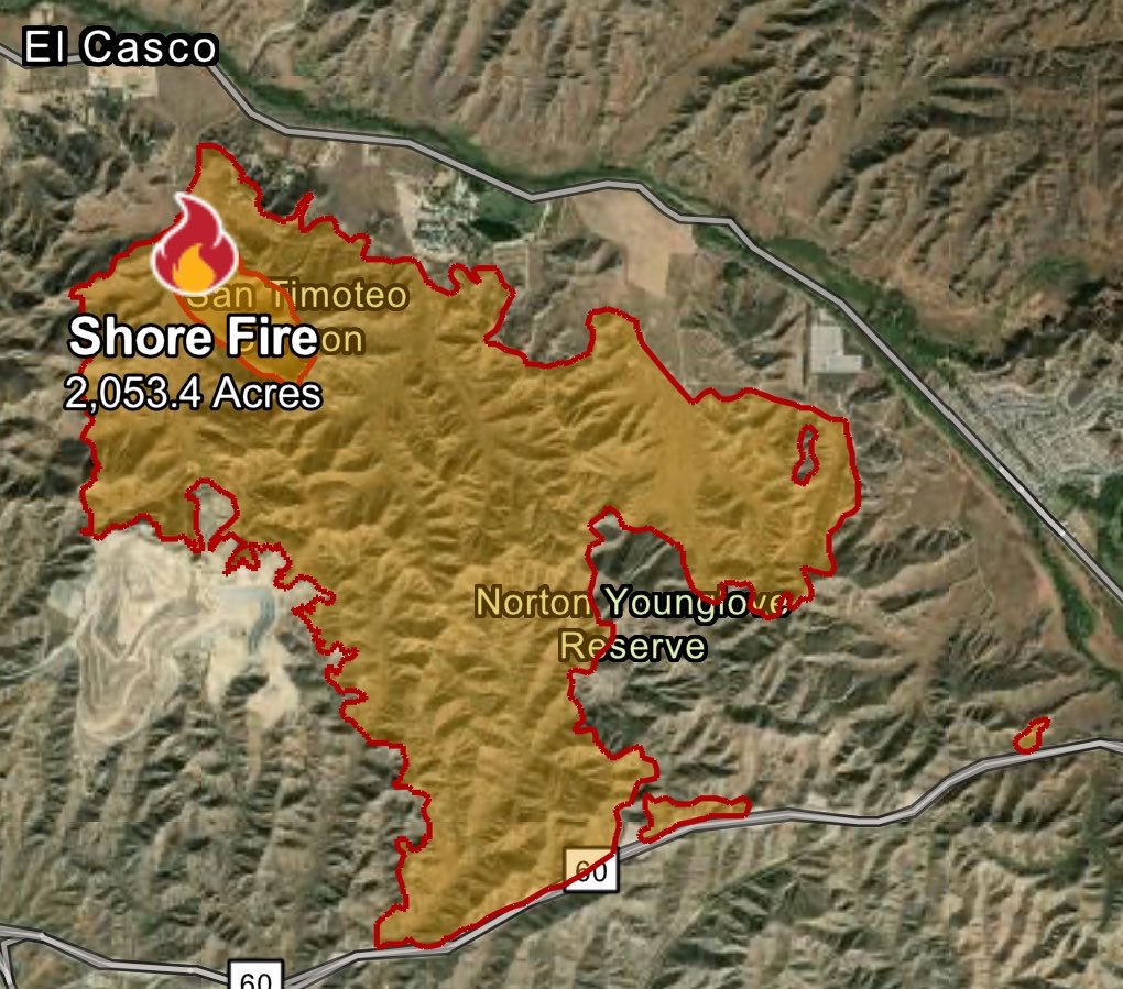 ShoreFire Some Resources are being Released for Tonight, the Fire is looking Good hasn’t jumped Highway 60. Back Firing Operations are going well, Copter 605 was Released, Both Helitankers are on the Ground Available if anything changes. 