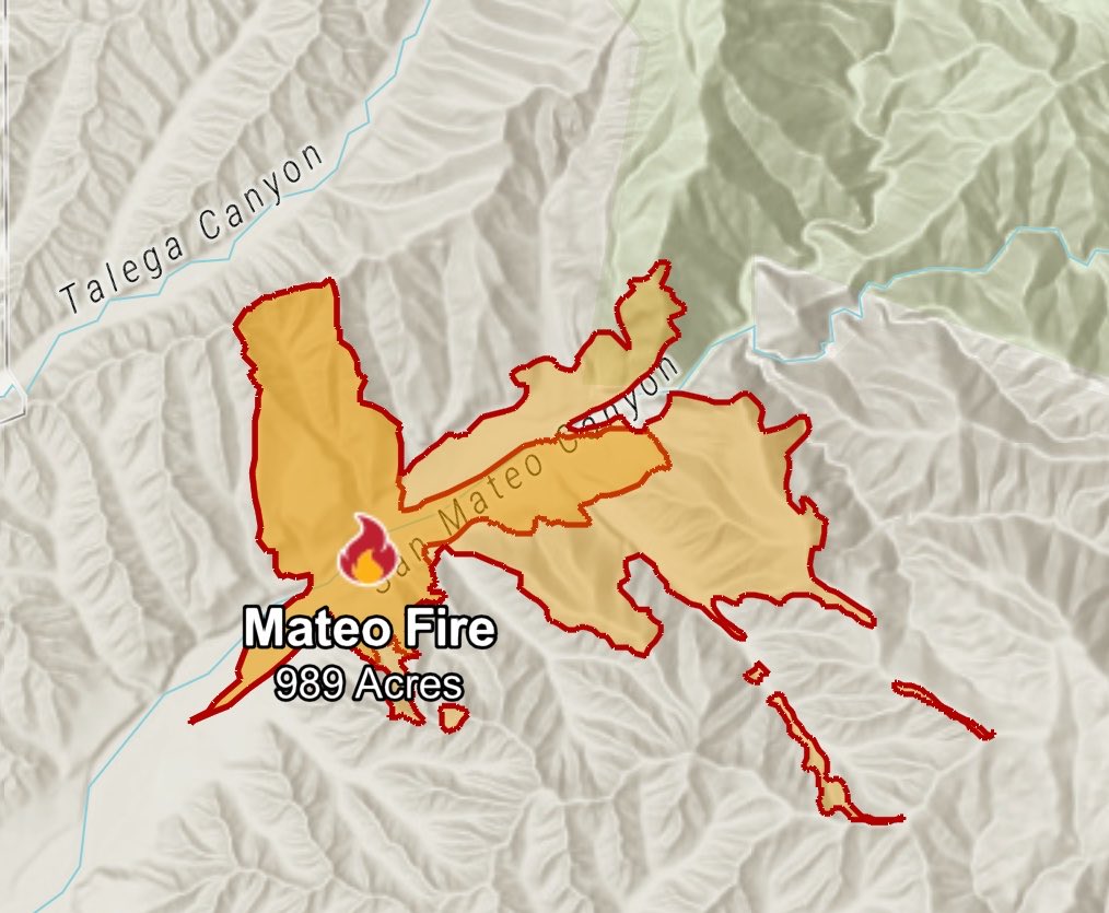 MateoFire The Fire is continuing to be Active this morning with a bunch of smoke lingering everywhere, last report was 990 acres with 10% Containment. Air Tankers were making drops this morning just Outside of Mateo Canyon to the South. Helicopters are also overhead assisting.