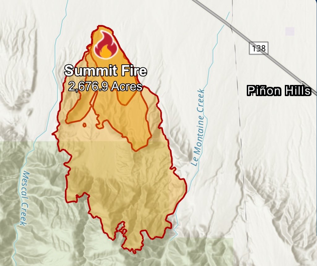 SummitFire The Acreage was Revised earlier to 2,581 after better Mapping. Helco Copter 4PJ and Copter 531 remain overhead, Copter 608 and Helitankers 47, 55 are Finished for Tonight. Final  for the Night.Here's the SummitFire Mapped at 2,676 acres by Air Attack 51, seems like OES Intel 24 is overhead though Mapping it again.  