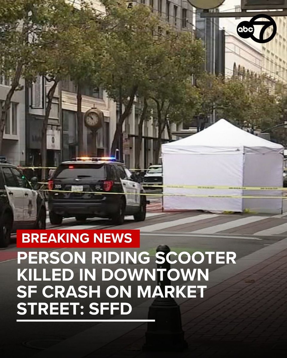 A person riding a scooter died on Market Street in downtown San Francisco Friday morning in a crash with a vehicle, the San Francisco Fire Department says