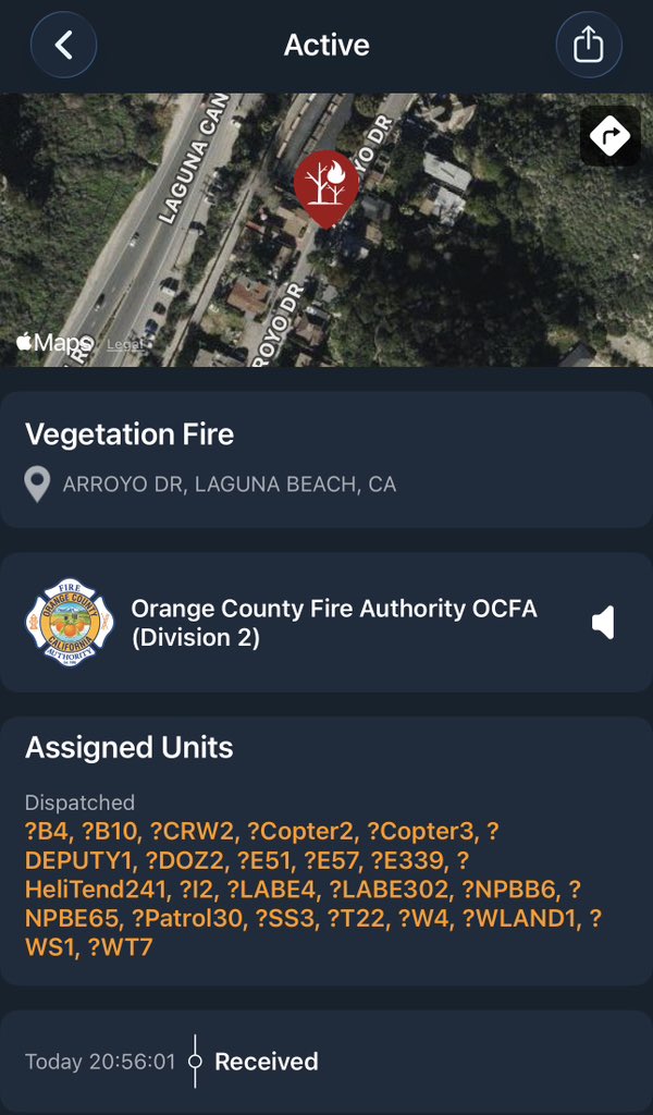LagunaBeach / California Laguna Beach Fire and OCFA are responding to a reporting Vegetation fire call on Laguna Canyon Road