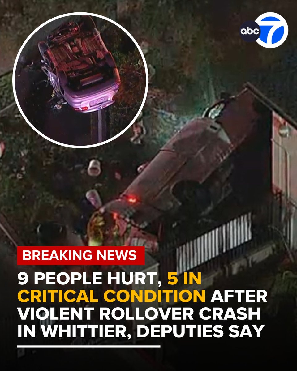 Nine people were hurt, leaving five in critical condition, after a violent rollover crash in Whittier on Sunday night.