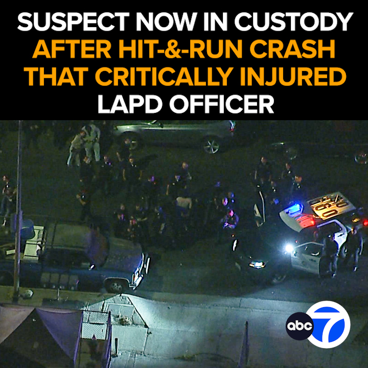 A suspect is now in custody after a hit-and-run crash critically injures an LAPD officer in Sylmar. Dozens of officers swarm a neighborhood in Pacoima, arresting a suspect.
