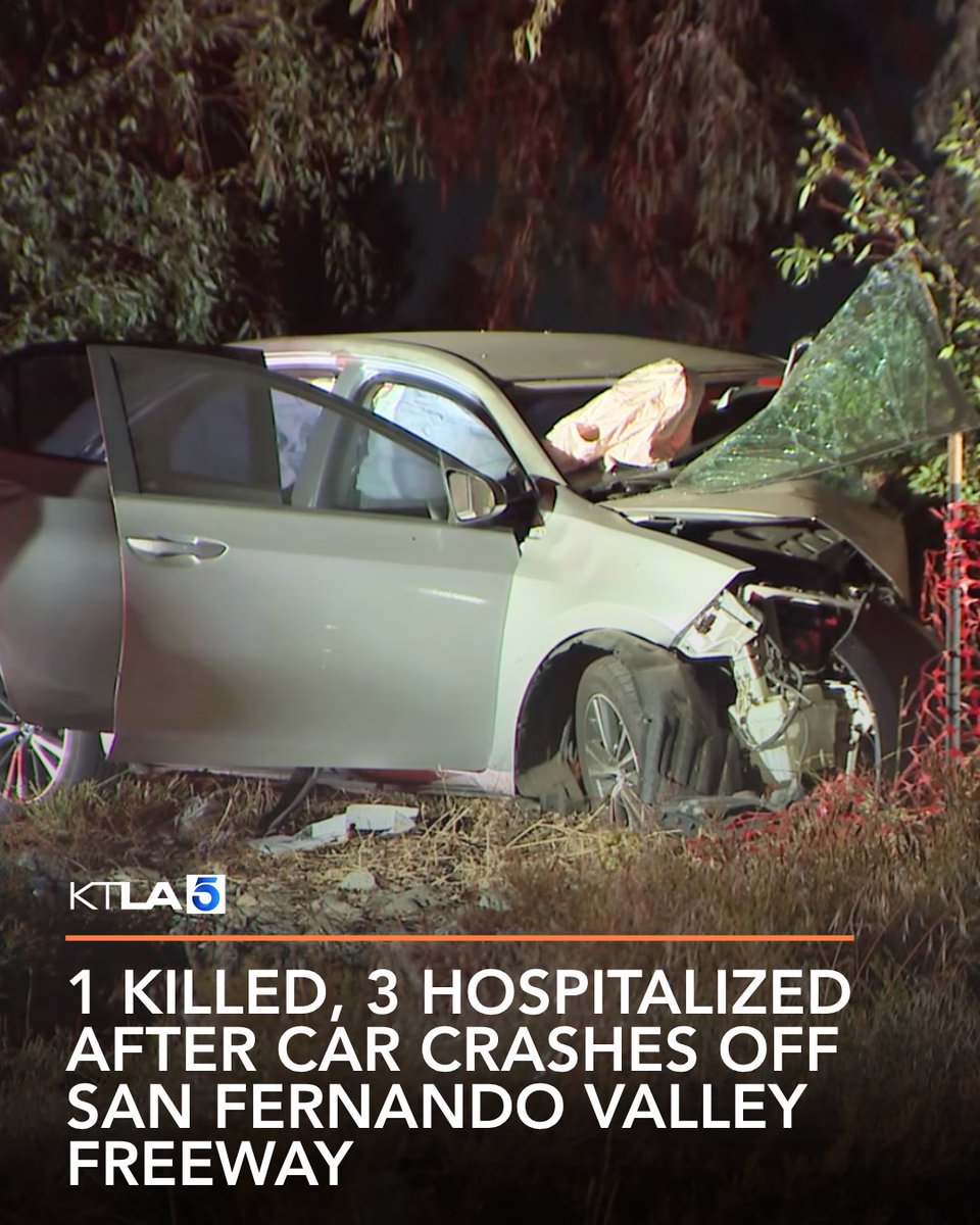 One person was killed and three others were hospitalized after a car drove off a San Fernando Valley freeway