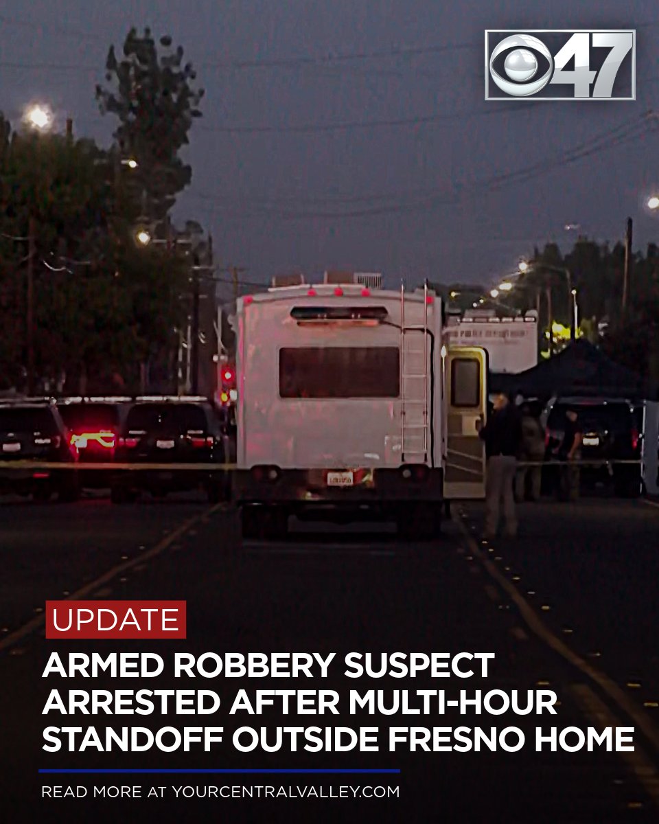 An armed robbery suspect was arrested after a multi-hour standoff outside a Fresno home Tuesday night