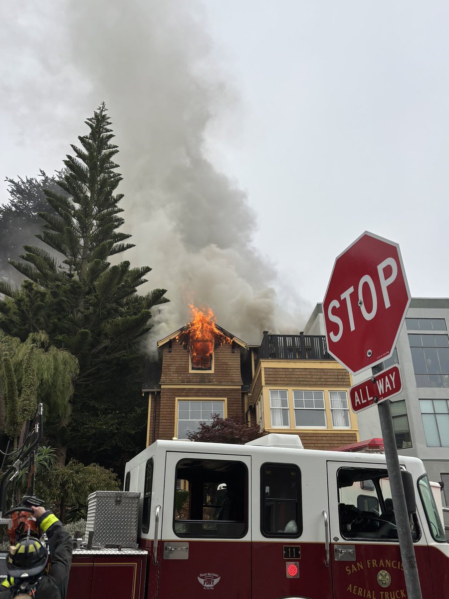 San Francisco firefighters are working aggressively to extinguish this one alarm structure fire affecting a three story single family home on Laidley Street in San Francisco. Firefighters have kept this fire from spreading to adjoining