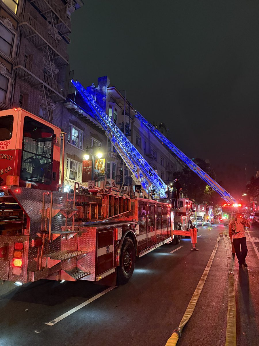 San Francisco Fire Department is on scene of a structure fire in the 300 block of Leavenworth. The fire is located in a four-story multi-residential complex. This is a zero lot line attached structure mid block on Leavenworth.